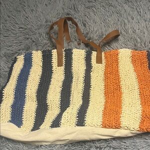 Striped Woven Tote Bag with Brown Handles - Blue, Black, Cream & Orange